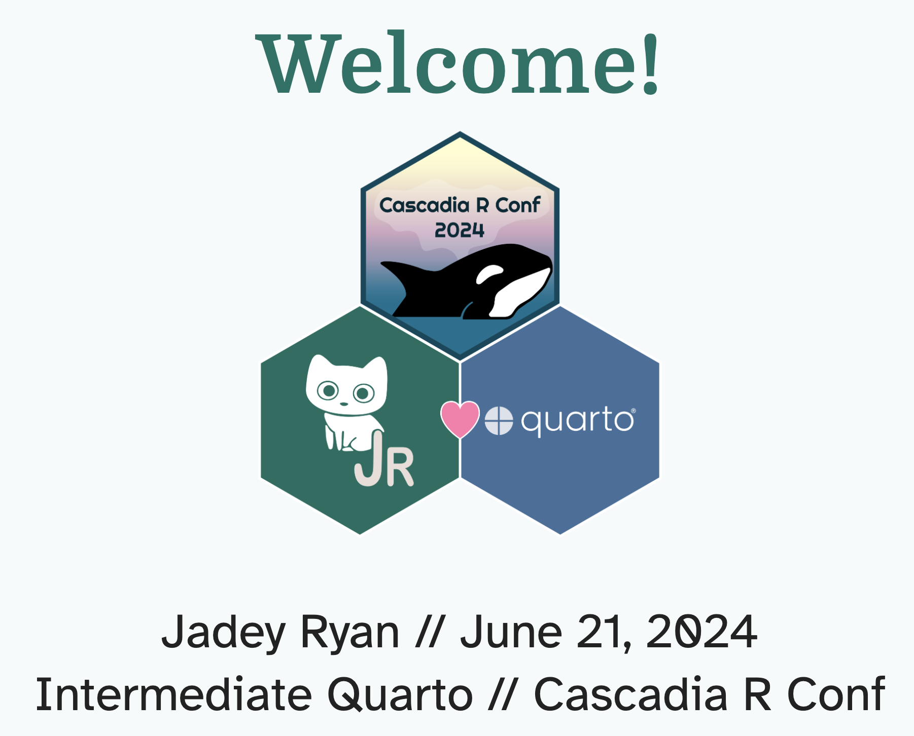 Welcome slide for Intermediate Quarto: Parameterized Reports: Cascadia R Conf Workshop
