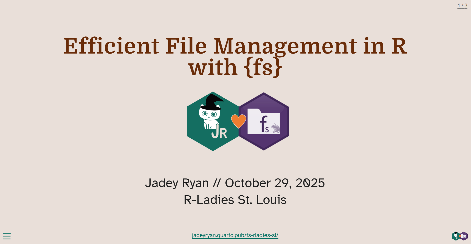Title slide of presentation Efficient File Management in R with {fs} with Jadey&#039;s cat with witch hat joined by heart with fs package hex logo